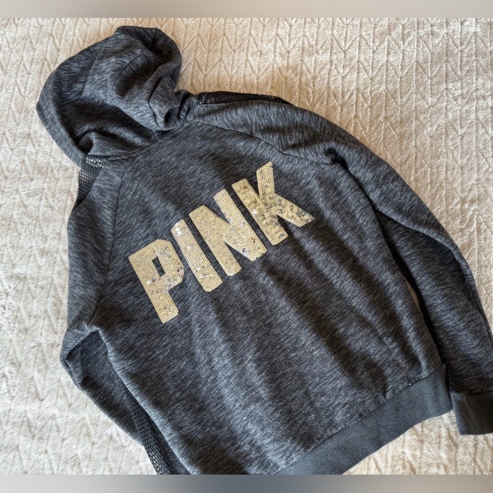 Vintage PINK Victoria's Secret Women’s Zip-Up Hoodie with Glitter Back